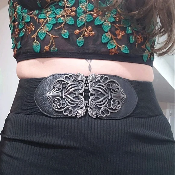 Black floral buckle corset boho elastic wide waist goth party dress belt - Picture 5 of 16